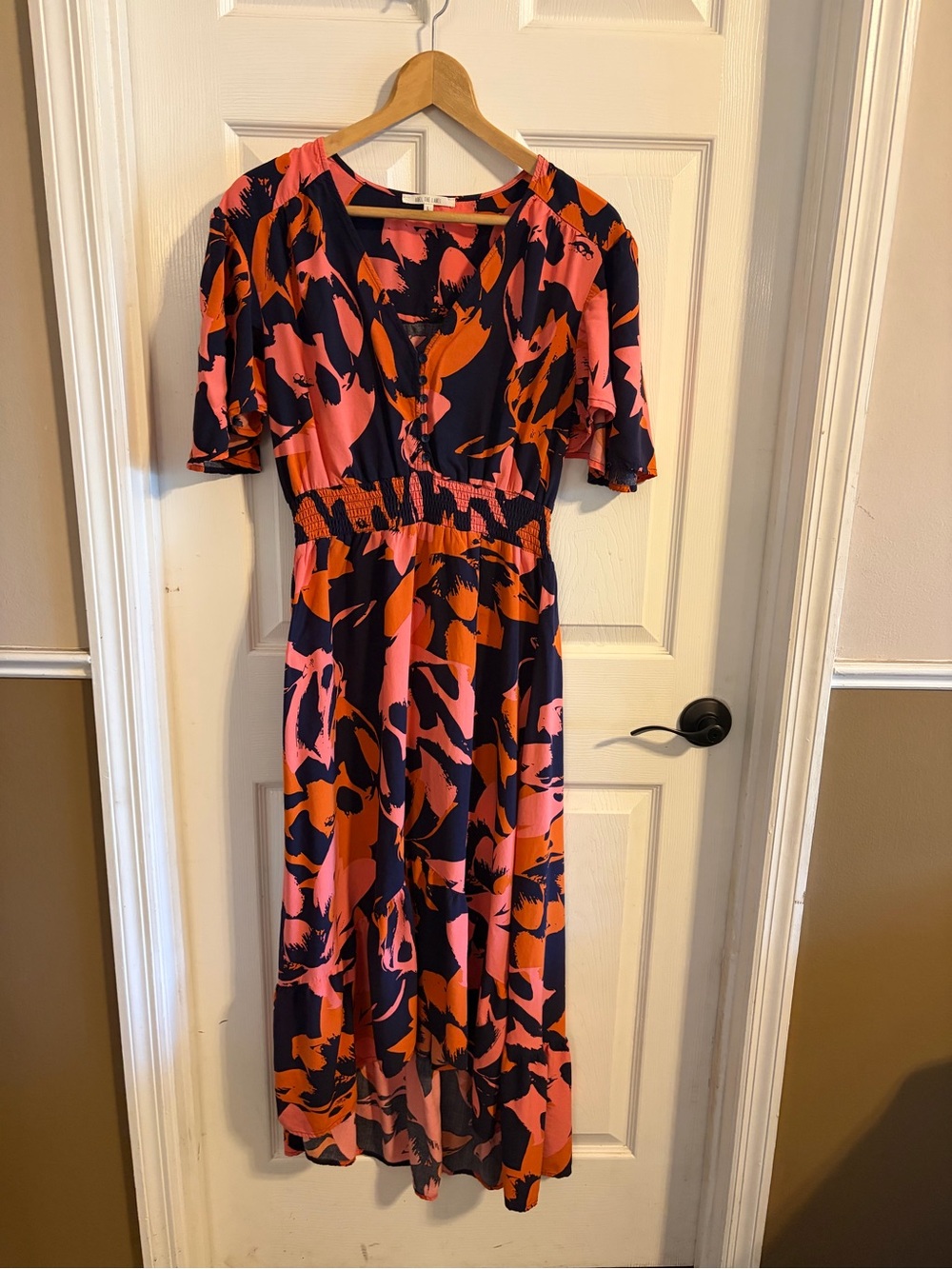 Abel The Label Floral Anthropologie Midi Dress L Pink Navy Smocked Waist Boho